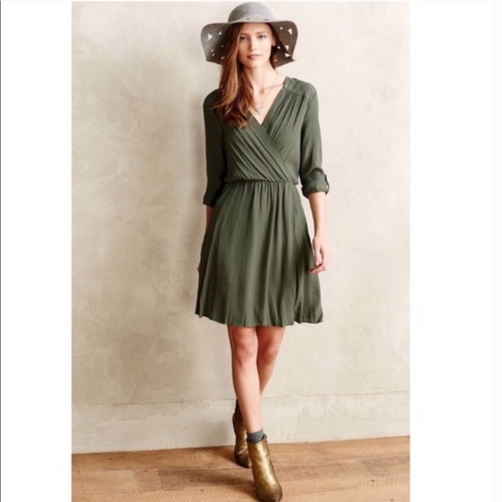 anthropologie lene faux wrap green zipper dress